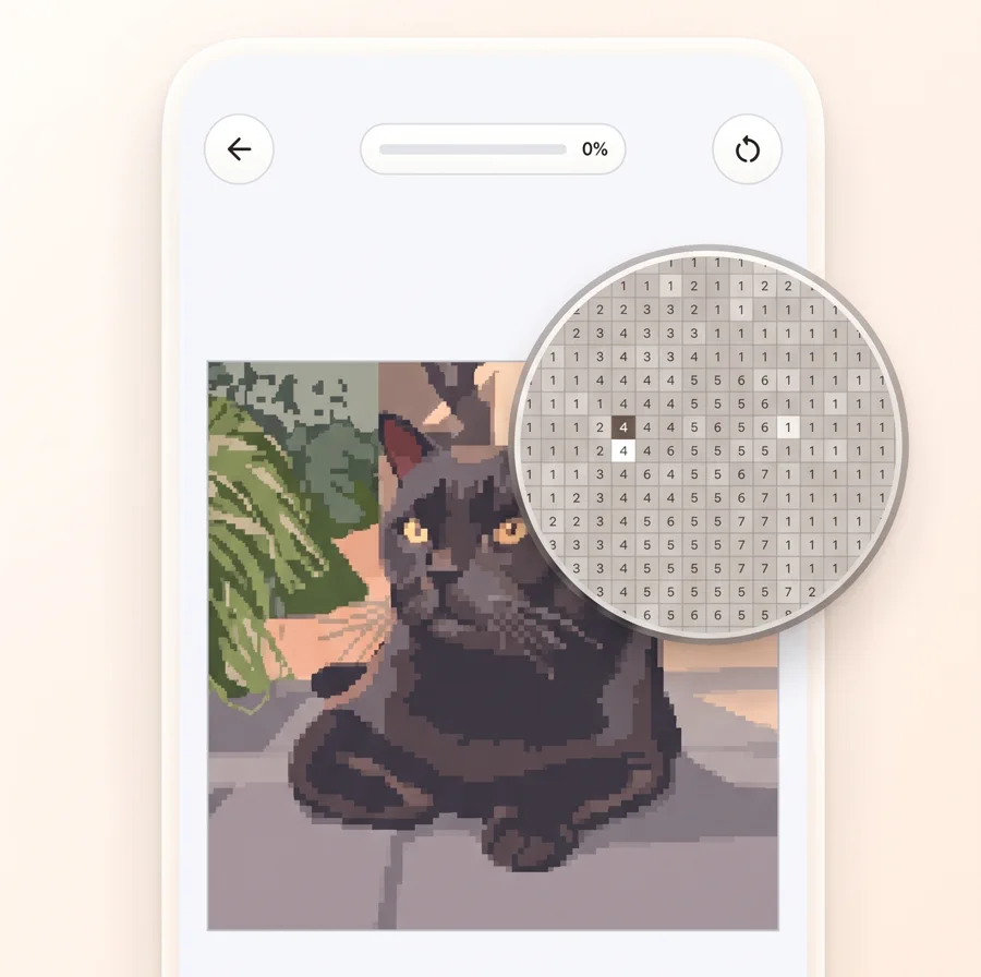 Coloryx paint-by-numbers screen with a zoomed numbered pixel grid.